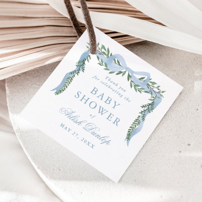 Eleganter Blue Bow mit Greenery Boy Baby Shower Geschenkanhänger (Elegant blue bow greenery baby shower thank you favor tags.)
