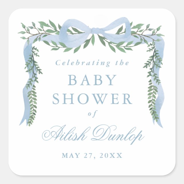 Eleganter Blue Bow mit Greenery Boy Baby Shower Quadratischer Aufkleber (Vorderseite)