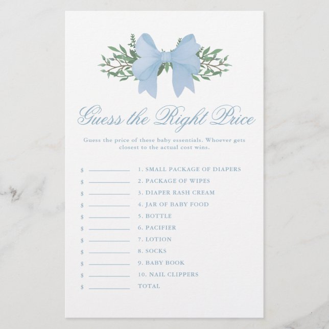 Eleganter Blue Bow rät das Price Baby Shower Game (Vorderseite)