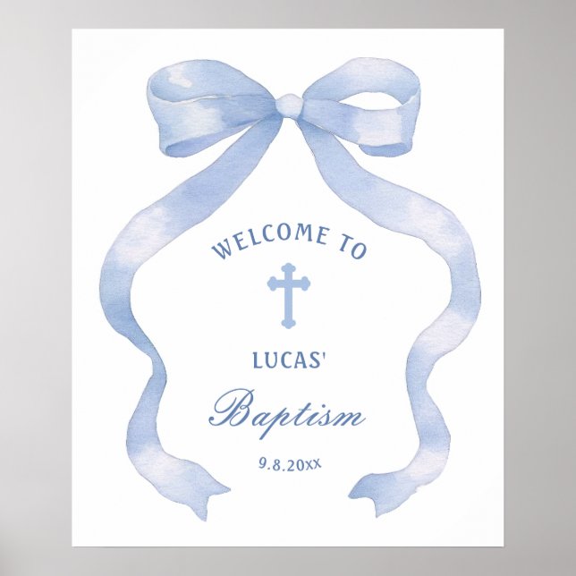 Eleganter Blue Bow Taufe Willkommen Poster (Vorne)