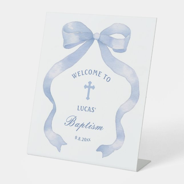 Eleganter Blue Bow Taufe Willkommen Sockelschild (Vorderseite)