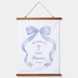 Eleganter Blue Bow Taufe Willkommen Wandteppich Mit Holzrahmen