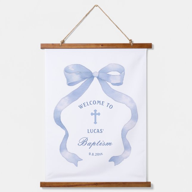 Eleganter Blue Bow Taufe Willkommen Wandteppich Mit Holzrahmen (Vorderseite)