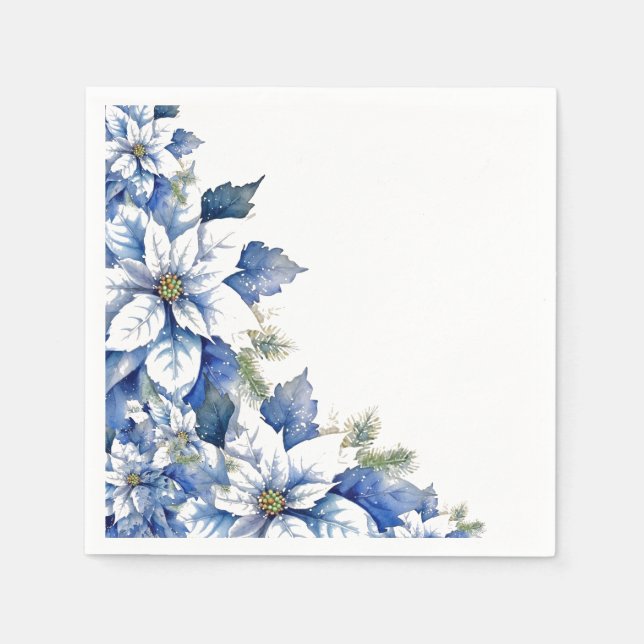 Eleganter Blue Christmas Poinsettia Cocktail Serviette (Vorderseite)
