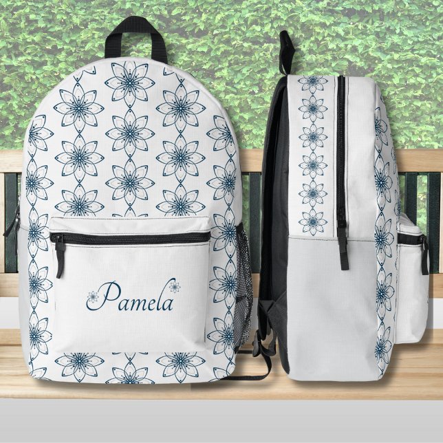 Eleganter Blue Floral Design-Rucksack Bedruckter Rucksack (Make a statement with this elegant bag featuring a chic floral design in soft blue tones)