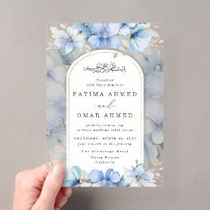Eleganter Blue Floral Garden Islamische Hochzeit Acryleinladungen
