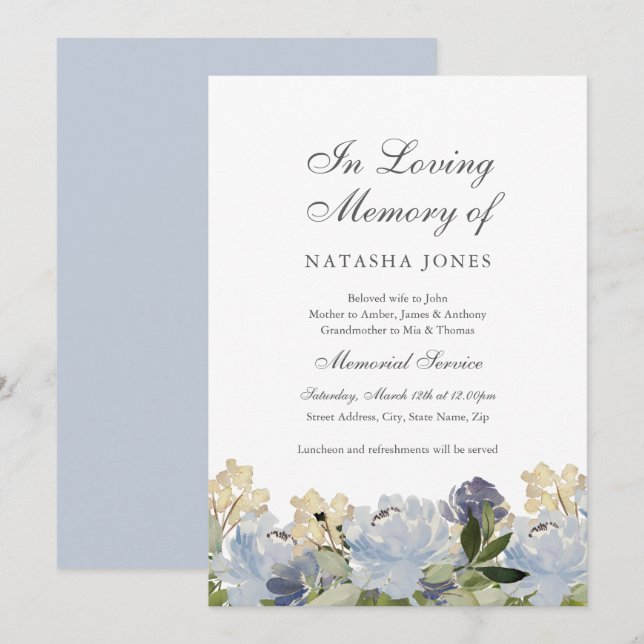 Eleganter Blue Floral Memorial Service Einladung (Vorne/Hinten)