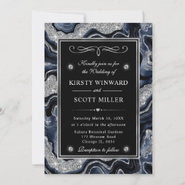 Eleganter Blue Foil & Silver Glitzer Agate Wedding Einladung