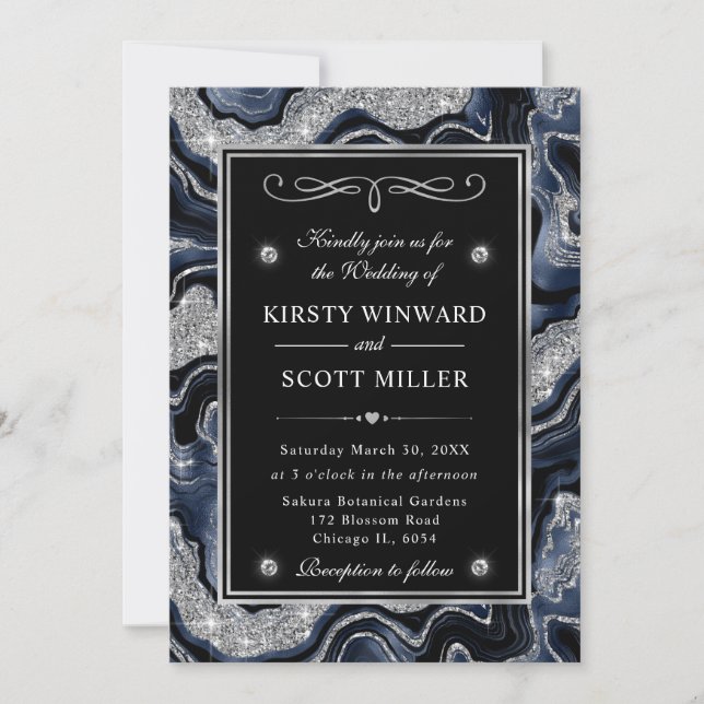 Eleganter Blue Foil & Silver Glitzer Agate Wedding Einladung (Vorderseite)