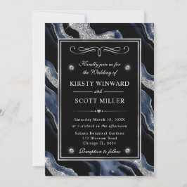 Eleganter Blue Foil & Silver Glitzer Agate Wedding Einladung