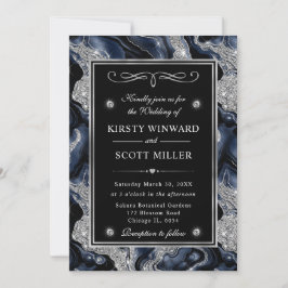 Eleganter Blue Foil & Silver Glitzer Agate Wedding Einladung