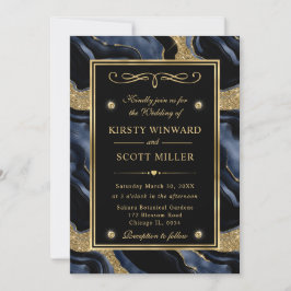 Eleganter Blue Foil und Gold Glitzer Agate Wedding Einladung