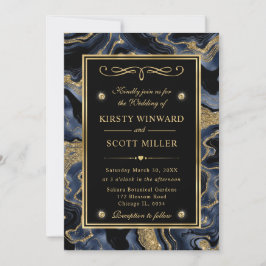 Eleganter Blue Foil und Gold Glitzer Agate Wedding Einladung