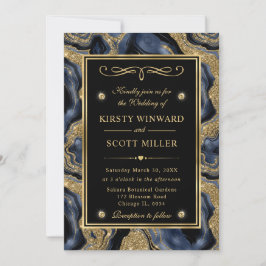Eleganter Blue Foil und Gold Glitzer Agate Wedding Einladung