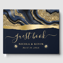 Eleganter Blue Foil und Gold Glitzer Agate Wedding Gästebuch