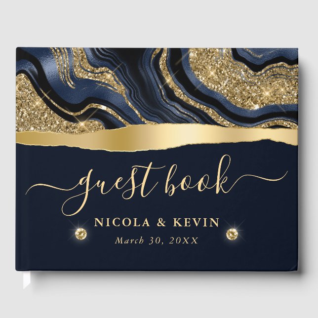 Eleganter Blue Foil und Gold Glitzer Agate Wedding Gästebuch (Vorderseite)