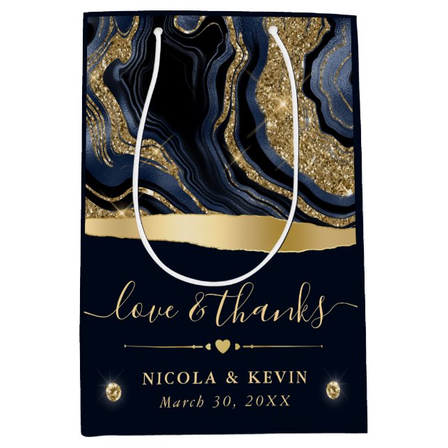 Eleganter Blue Foil und Gold Glitzer Agate Wedding Mittlere Geschenktüte (Vorderseite)