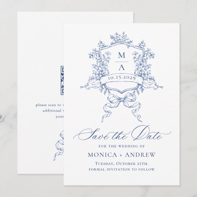 Eleganter Blue French Garden Blume Hochzeit QR-Cod Save The Date (Vorne/Hinten)
