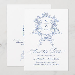 Eleganter Blue French Garden Blume Hochzeit QR-Cod Save The Date