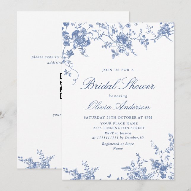 Eleganter Blue French Garden BRAUTPARTY QR-Code Einladung (Vorne/Hinten)