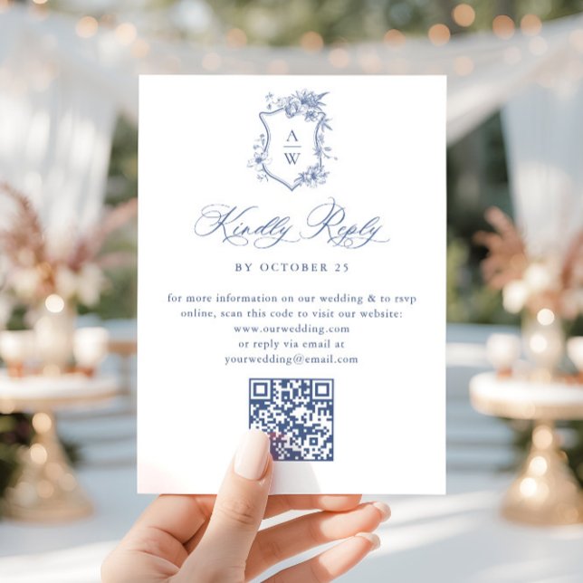 Eleganter Blue French Garden Floral Wedding QR Cod RSVP Karte (Von Creator hochgeladen)