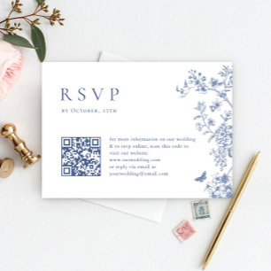 Eleganter Blue French Garden Floral Wedding QR Cod RSVP Karte
