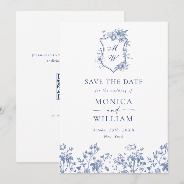 Eleganter Blue French Garden Floral Wedding QR Cod Save The Date (Vorne/Hinten)
