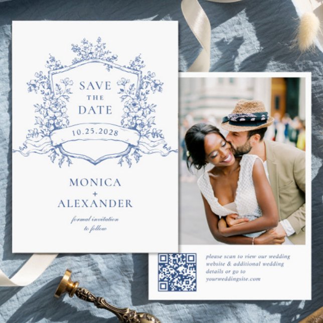 Eleganter Blue French Garden Floral Wedding QR Cod Save The Date (Von Creator hochgeladen)