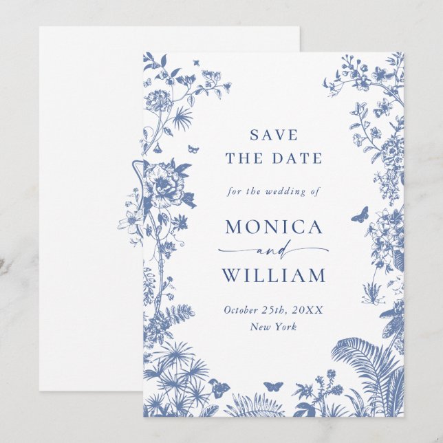 Eleganter Blue French Garden Save The Date (Vorne/Hinten)