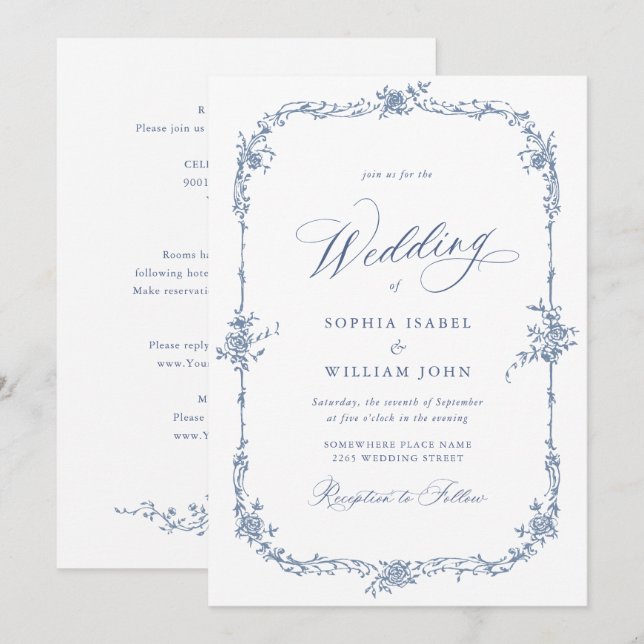 Eleganter Blue French Garden Wedding All in One Einladung (Vorne/Hinten)