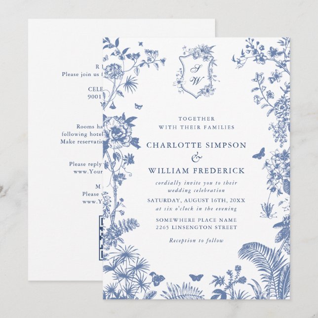 Eleganter Blue French Garden Wedding All in One Einladung (Vorne/Hinten)