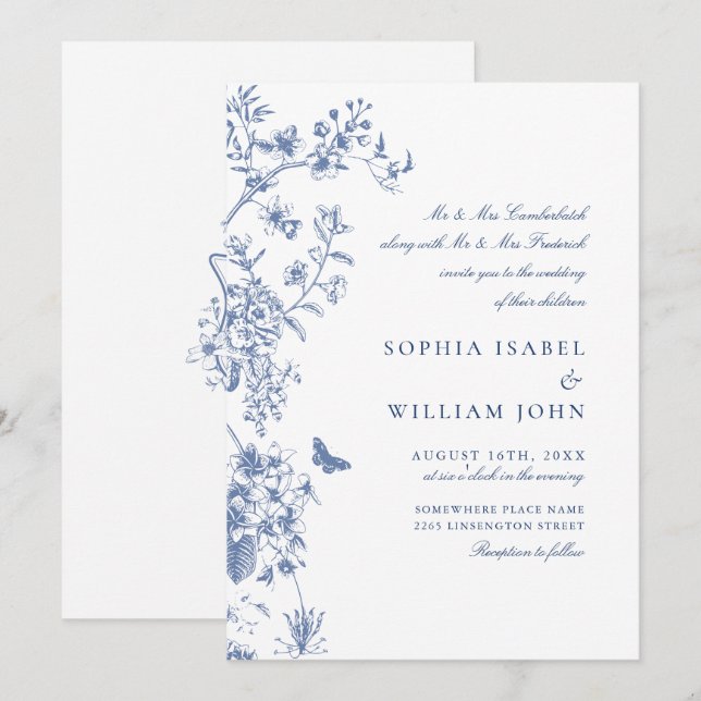 Eleganter Blue French Garden Wedding Einladung (Vorne/Hinten)