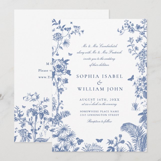 Eleganter Blue French Garden Wedding Einladung (Vorne/Hinten)