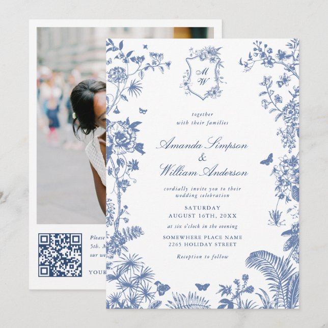 Eleganter Blue French Garden Wedding Foto QR Code Einladung (Vorne/Hinten)
