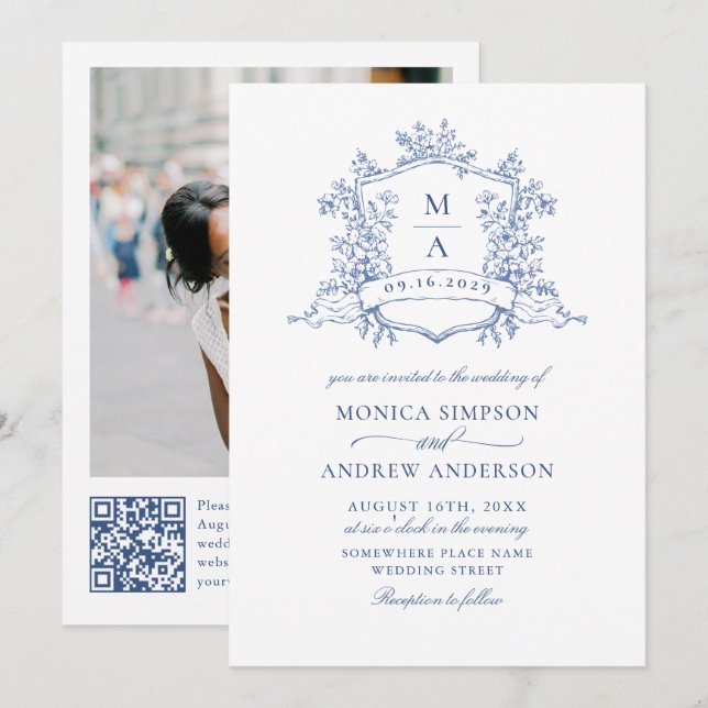 Eleganter Blue French Garden Wedding Foto QR Code Einladung (Vorne/Hinten)