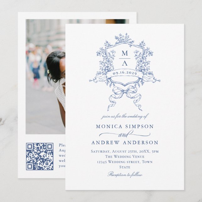 Eleganter Blue French Garden Wedding Foto QR Code Einladung (Vorne/Hinten)