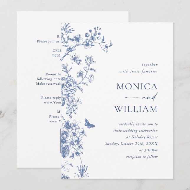 Eleganter Blue French Garden Wedding QR Code Einladung (Vorne/Hinten)