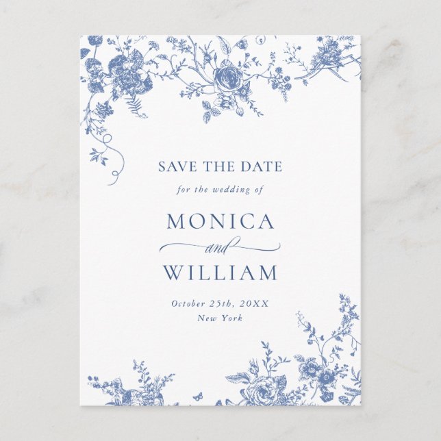 Eleganter Blue French Garden Wedding Save the Date Postkarte (Vorderseite)