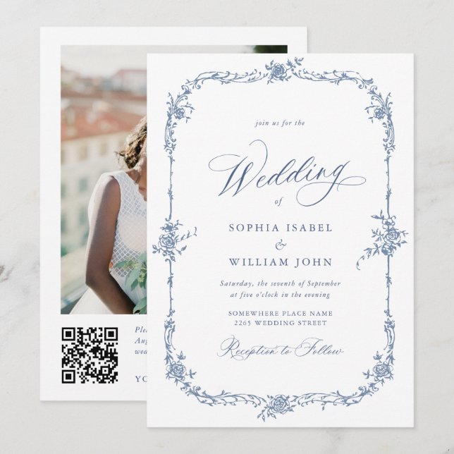 Eleganter Blue French Rose Garden Wedding QR Code Einladung (Vorne/Hinten)