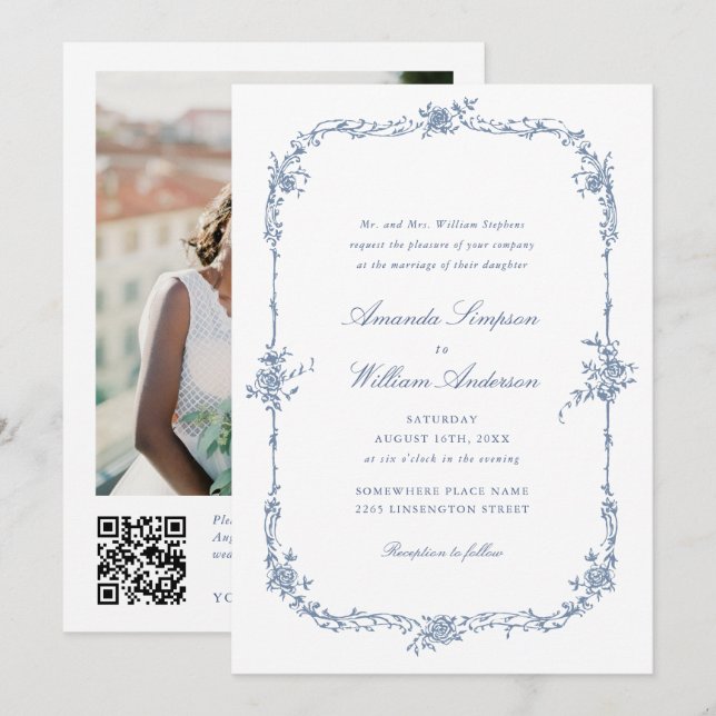 Eleganter Blue French Rose Garden Wedding QR Code Einladung (Vorne/Hinten)