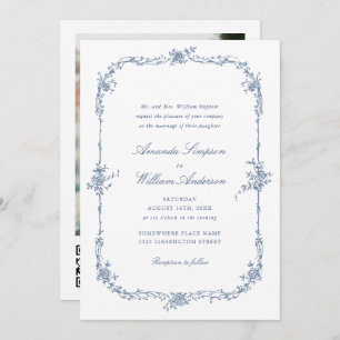Eleganter Blue French Rose Garden Wedding QR Code Einladung
