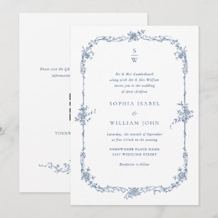 Eleganter Blue French Rose Garden Wedding QR Code Einladung
