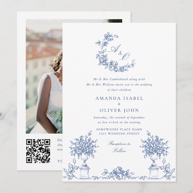 Eleganter Blue French Rose Garden Wedding QR Code Einladung (Vorne/Hinten)