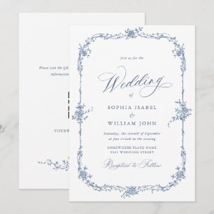 Eleganter Blue French Rose Garden Wedding QR Code Einladung