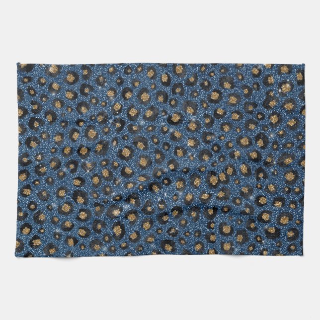 Eleganter Blue Glitzer Black Gold Leopard Print Geschirrtuch (Horizontal)