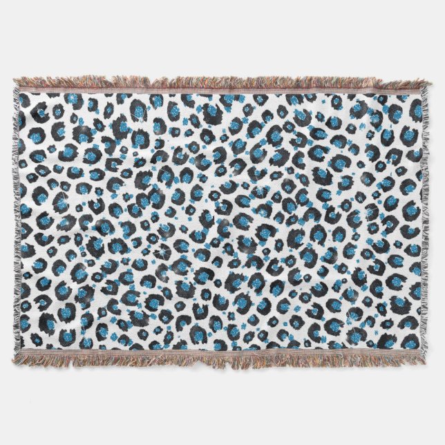 Eleganter Blue Glitzer Black Leopard Animal Print Decke (Vorderseite)