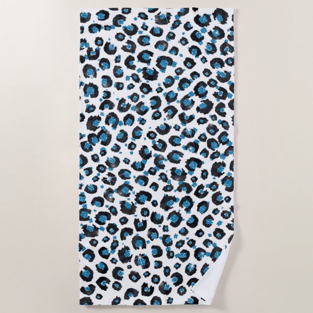 Eleganter Blue Glitzer Black Leopard Animal Print Strandtuch (Vorderseite)
