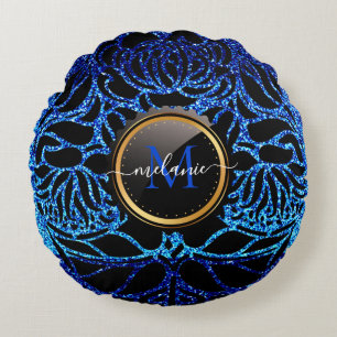 Eleganter Blue Glitzer Black Zebra Animal Print Rundes Kissen
