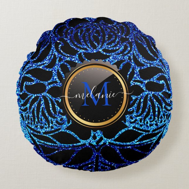Eleganter Blue Glitzer Black Zebra Animal Print Rundes Kissen (Vorderseite)