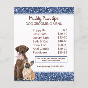 Eleganter Blue Glitzer Dog Grooming Menu Flyer